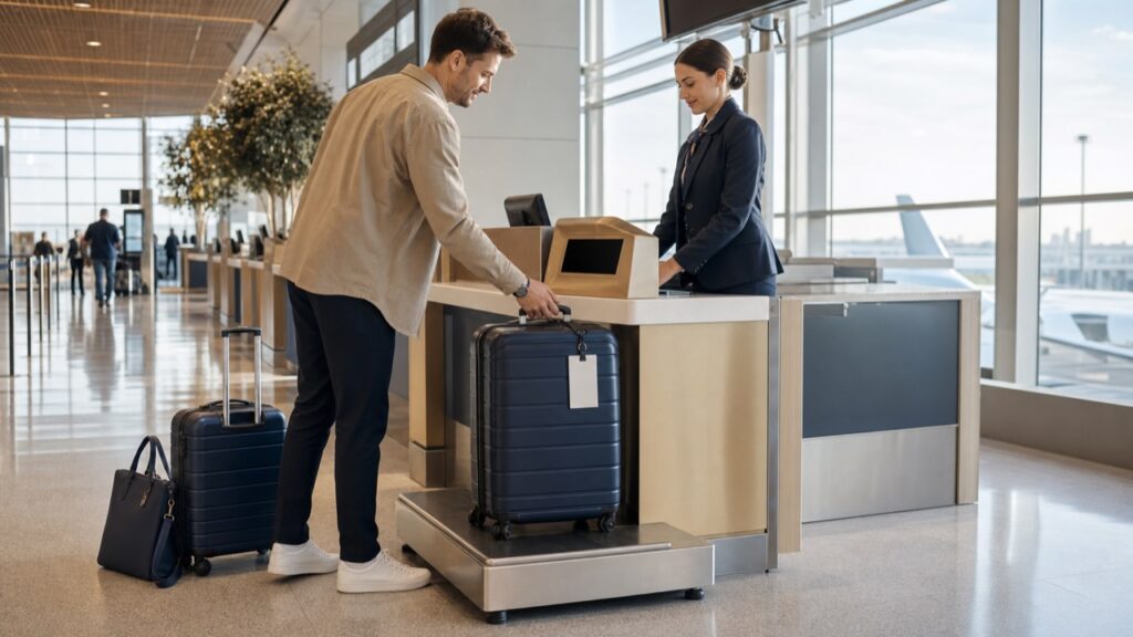 Havalimanı check-in kontuarında valizini bagaj tartısına yerleştiren yolcu ve görevli