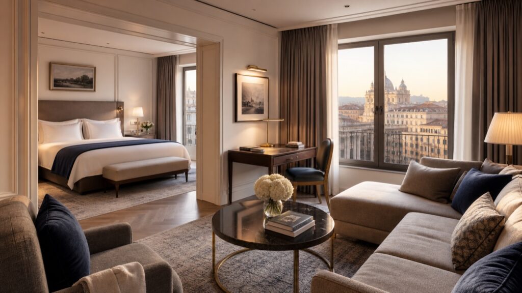 Ayrı yatak odası ve oturma alanı bulunan, Avrupa şehri manzaralı modern suite otel odası